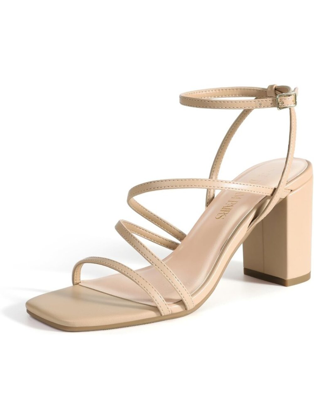 Women's Nude Faux Leather Sleek Thin Straps Square-Toe Design Chunky Heel Sandal
